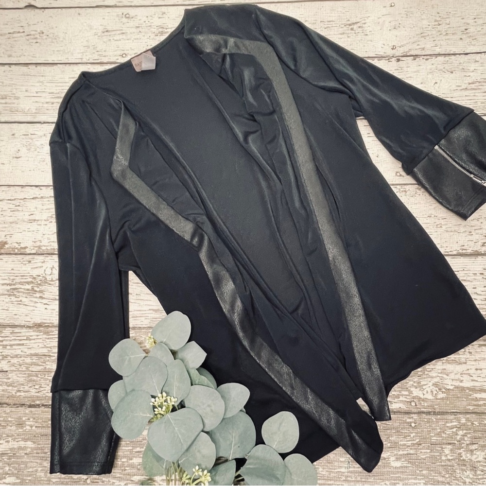 Chico’s Easywear Faux Leather Trim Open Front Cardigan
